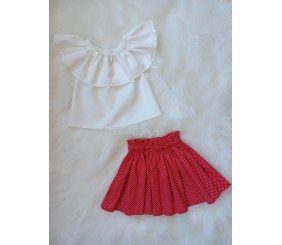 Beyaz Bluz & Kırmızı Puantiye Desenli Etek Takım