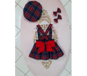 Lacivert Kız Bebek-Çocuk Ekoseli Salopet Elbise & Şapka & Toka Takım