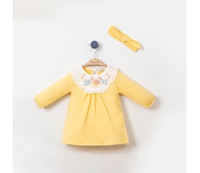 Sarı Nakış İşlemeli Brodeli Pamuklu Elbise Bandana Takım 